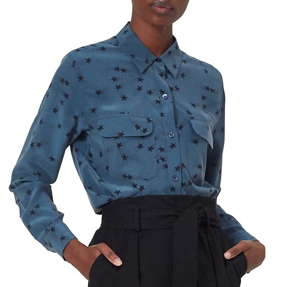 EQUIPMENT FEMME Teal Silk Star Print Long Sleeve Button Up Signature Blouse M - Picture 6 of 16